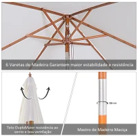 Outsunny Chapéu de Sol de Jardim 200x150x230cm Chapéu de Sol Retangular Inclinável com Polia Duplo Teto e Mastro Desmontável de Madeira para Terraço Pátio Creme(m-5)