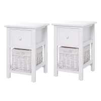 HOMCOM 2 Pieces Wood Bedside Table Storage Nightstand Free Standing Cabinet Vintage Style Desk w/ Drawer, Rattan Basket White(m-1)