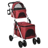 PawHut Double-Layer Pet Stroller Foldable Dog Cat Travel Carriage with Universal Wheel Canopy Storage Bag Cushion Red(m-1)