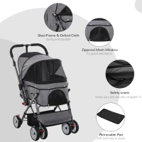 PawHut Pet Stroller Foldable Dog/Cat Travel Carriage with Reversible Handle EVA Wheels Brakes Basket Storage Bag 3-stage Canopy Zippered Mesh Window Door Grey(m-6)
