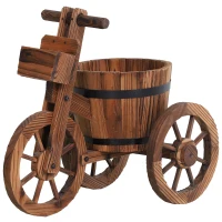 Outsunny Wooden Plant Cart Tricycle Shaped Garden Flower Pot Holder Modern Planter Display Storage Outdoor Carbonized Barrel(m-1)