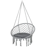 Outsunny Macrame Hanging Chair Swing Hammock for Indoor & Outdoor Use with Backrest, Cotton-Polyester Blend,Fringe Tassels,  Grey(m-1)