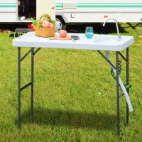 Outsunny Outdoor Folding Table with Sink and Faucet Organized Fishing Table for BBQ Camping Picnic Garden 114.5x59x94.5cm/45"x23.25"x37.25" White(m-2)