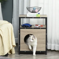 PawHut Wooden Cat House Kitty Shelter Bed with Cushion Cat litter box End Table Hideaway Cabinet with Storage Grey, 48 cm x 40 cm x 64.5 cm(m-2)