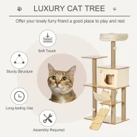 PawHut Cat Tree Tower 130cm Climbing Kitten Activity Center with Jute Scratching Post Perch Roomy Condo Hammock Removable Felt Hanging Toy, Yellow(m-4)