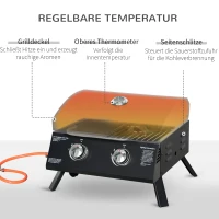 Outsunny Tabletop Gas Grill BBQ with 2 Burners Mobile Grill Cart Grill Net Small Outdoor Table Gas Grill Picnic with Pressure Reducer Hose Stainless Steel Black 55 x 46.5 x 41 cm(m-4)