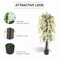 OUTSUNNY Artificial Wisteria Flowers Tree Fake Vine Ratta Silk Flowers with Nursery Pot for Indoor Outdoor Décor, 165cm, White and Green(m-4)