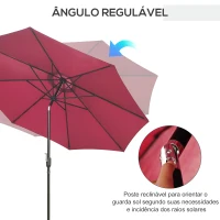 Outsunny Chapéu de Sol de Jardim Ø295x250cm com Manivela Chapéu de Sol Exterior com Mecanismo de Inclinação e Mastro Desmontável de Metal para Terraço Piscina Pátio Vinho(m-4)