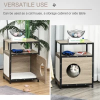 PawHut Wooden Cat House Kitty Shelter Bed with Cushion Cat litter box End Table Hideaway Cabinet with Storage Grey, 48 cm x 40 cm x 64.5 cm(m-5)