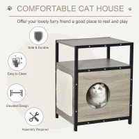 PawHut Wooden Cat House Kitty Shelter Bed with Cushion Cat litter box End Table Hideaway Cabinet with Storage Grey, 48 cm x 40 cm x 64.5 cm(m-4)
