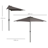 Outsunny Balcony Half Parasol Semi Round Umbrella Patio Aluminium Frame Crank Handle (2.7m, Grey)- NO BASE INCLUDED(m-3)