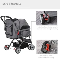 PawHut Pet Stroller Foldable Dog/Cat Travel Carriage with Reversible Handle EVA Wheels Brakes Basket Storage Bag 3-stage Canopy Zippered Mesh Window Door Grey(m-5)