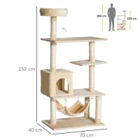 PawHut 152cm Plush Cat Tree Tower Climbing Frame Activity Center with Sisal Scratching Posts Hammock Perch Condo Dangle Toy Beige(m-3)