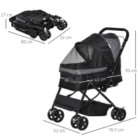 PawHut Pet Stroller Foldable Dog Cat Travel Carriage with Reversible Handle Rear Door EVA Wheel Brake Basket Storage Bag 3-stage Canopy Mesh Window Door Black(m-3)