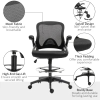 Vinsetto Adjustable Drafting Chair Tall Office Chair Ergonomic Mesh Back with Flip-up Armrest and Footrest, 360° Swivel, Black(m-7)