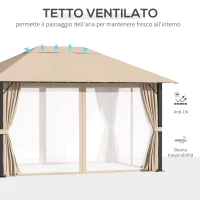 Outsunny Gazebo da Giardino 4x3m in Alluminio e Acciaio con Zanzariera e 4 Tende in Poliestere, Marrone(m-4)