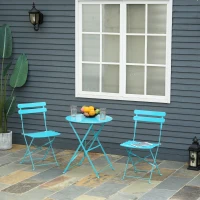 Outsunny 3pc Garden Table Set Foldable Dining Set with 1 Round Table and 2 Chairs Backyard Outdoor, Blue(m-2)