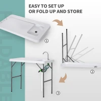 Outsunny Outdoor Folding Table with Sink and Faucet Organized Fishing Table for BBQ Camping Picnic Garden 114.5x59x94.5cm/45"x23.25"x37.25" White(m-4)