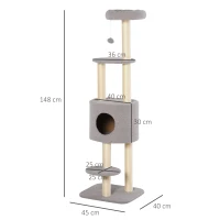 PawHut 5-Levels Plush Cat Tree Tower Activity Center with Sisal Scratching Posts Perch Roomy Condo Funny ball, Grey(m-3)