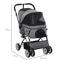 PawHut Pet Stroller Foldable Dog/Cat Travel Carriage with Reversible Handle EVA Wheels Brakes Basket Storage Bag 3-stage Canopy Zippered Mesh Window Door Grey(m-3)
