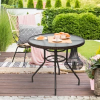 Outsunny Patio Rattan Round Table All Weather Outdoor Dining Wicker Table w/ Umbrella Hole for Garden Balcony Poolside Glass Top Brown(m-2)