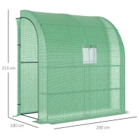 Outsunny Walk-In Lean to Wall Greenhouse with Windows and Doors, Outdoor Green House with 3 Tiers 4 Wired Shelves, 200L x 100W x 215Hcm, Green(m-3)
