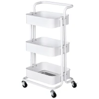 HOMCOM 3-Tier Metal Rolling Utility Cart Mobile Storage Trolly Basket Organizer Kitchen White(m-1)