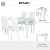 HOMCOM 5-Piece Kitchen Dining Table Set with 4 Faux Leather Metal Frame Chairs Glass Tabletop Desk for Dining Room, Kitchen, Dinette, White(m-6)