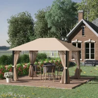 Outsunny Gazebo da Giardino 4x3m in Alluminio e Acciaio con Zanzariera e 4 Tende in Poliestere, Marrone(m-2)