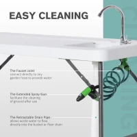 Outsunny Outdoor Folding Table with Sink and Faucet Organized Fishing Table for BBQ Camping Picnic Garden 114.5x59x94.5cm/45"x23.25"x37.25" White(m-6)