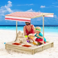 Outsunny Kids Wooden Sand Pit Children Sandbox Playset Outdoor Backyard w/ Adjustable Canopy Shade, Bottom Liner, Seat, Plastic Basin(m-2)