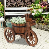 Outsunny Wooden Plant Cart Tricycle Shaped Garden Flower Pot Holder Modern Planter Display Storage Outdoor Carbonized Barrel(m-2)
