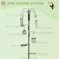 Pawhut Bird Feeding Station Kit, Wild Bird Feeder Pole with 6 Hooks, 4 Hanging Feeders for Peanuts, Seed, Fat Balls, for Garden, Outdoor, Black(m-4)