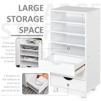 Vinsetto 3 Drawers Wooden File Cabinet with 4 Caster Wheels, 4 Open Shelves Mobile Filing Organizer for Home & Office, White(m-4)
