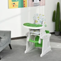 HOMCOM 3 in 1 Convertible Baby High Chair Booster Seat Desk and Chair Dinning Feeding Chair Table Set Adjustable Back Feeding Tray 5-Point Harness White and Green(m-2)