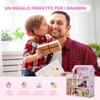 HOMCOM Casa delle Bambole a 3 Piani con Ascensore Mobili 13pz Legno 60×30×71.5cm Rosa(m-7)