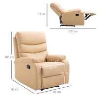 HOMCOM Poltrona Relax Reclinabile con Con Finitura Elegante in Ecopelle e Imbottitura in Spugna ad Alta Densità, 81x90x105cm, Beige(m-3)