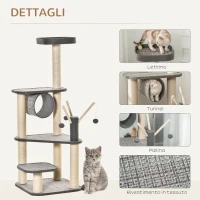 PawHut Albero Tiragraffi per Gatti con Lettino, Tunnel, Pali in Sisal e Palline, 49x49x130cm(m-5)