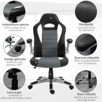 HOMCOM Sedia da Gaming Altezza Regolabile, Sedia da Ufficio Ergonomica Girevole con Dondolamento, 65x69x112-12cm Grigio(m-7)