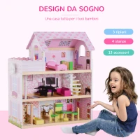 HOMCOM Casa delle Bambole a 3 Piani con Ascensore Mobili 13pz Legno 60×30×71.5cm Rosa(m-4)
