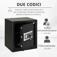 HOMCOM Cassaforte Elettronica in Acciaio Nero, con Chiave e 2 Codici PIN, Fissaggio a Muro o Pavimento, 38x31x42.7cm(m-4)
