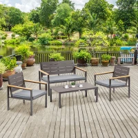 Outsunny Salotto da Giardino Set 4 Pz con Divano da Esterno, Poltrone e Tavolino, Acciaio e Legno, Marrone(m-2)