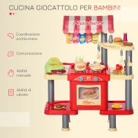 HOMCOM Cucina Giocattolo per Bambini 3-6 Anni con 50 Accessori e Cassa Giocattolo, 69x33x88cm Rosso e Giallo(m-4)