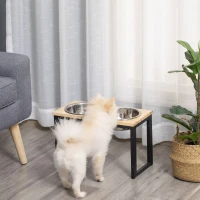 PawHut Comedero para Perros Elevado con 2 Cuencos de Acero Inoxidable Desmontables Alimentador de Agua Comida para Mascotas Grandes Medianos 58x30x35,5 cm Negro y Roble(m-2)