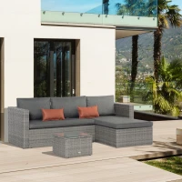 Outsunny 3 Pieces Outdoor PE Rattan Sofa Set, Patio Wicker Conversation Chaise Lounge Furniture w/ Tempered Glass Table-top & Soft Padded Cushion for Garden, Backyard, Lawn, Grey(m-2)