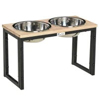 PawHut Comedero para Perros Elevado con 2 Cuencos de Acero Inoxidable Desmontables Alimentador de Agua Comida para Mascotas Grandes Medianos 58x30x35,5 cm Negro y Roble(m-1)