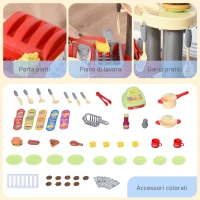 HOMCOM Cucina Giocattolo per Bambini 3-6 Anni con 50 Accessori e Cassa Giocattolo, 69x33x88cm Rosso e Giallo(m-5)