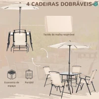 Outsunny Conjunto de Jardim Refeição com 4 Cadeiras Dobráveis Mesa e Chapéu de Sol Inclinável  80x80x70cm Bege(m-6)