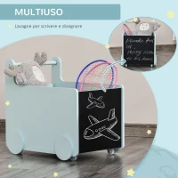 HOMCOM Carrello Porta Giochi per Bambini con 2 Lavagne per Disegnare, Impugnatura e Ruote, Legno MDF, 47x35x45.5cm, Azzurro(m-7)