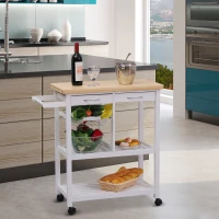 HOMCOM Carrito de Cocina Mesa Servicio Auxiliar Madera y Metal Cromado con 4 Ruedas 2 Cajones y Botellero 85x37x85 cm(m-2)